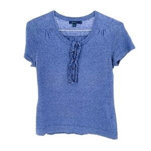 BODEN Blue Linen Short Sleeve Ruffle Quarter Button down Shirt